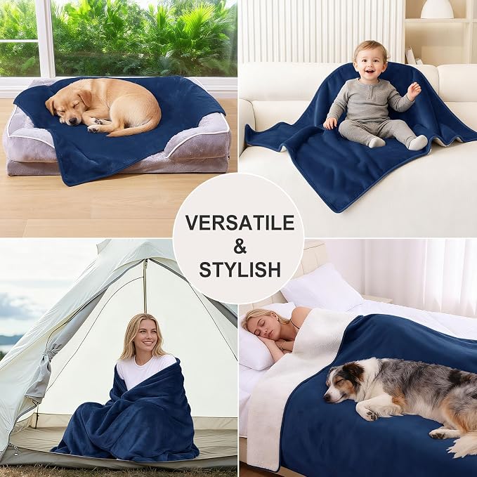 Smiry Waterproof Dog Bed Blanket, Leakproof Pet Throw Blanket for Bed Couch Sofa, Reversible Sherpa Fleece Furniture Protector Cover for Small Medium Large Dogs Cats (Navy Blue, 60x80 inches) - Image 6