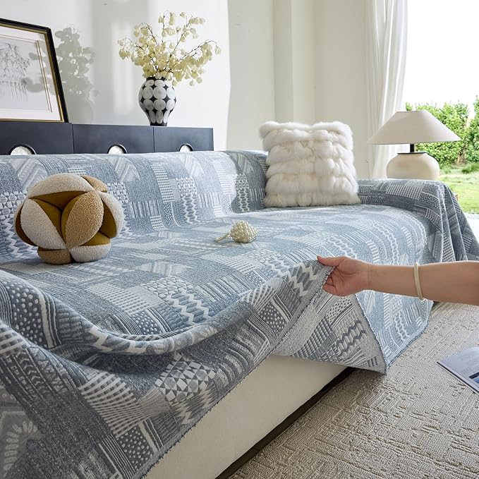DREAMINGO Vintage Patchwork 3-Layer Gauze Geometric Jacquard Sofa Cover, Farmhouse Couch Cover Blanket for 2 Seater, Living Room Washable Furniture Protector, Denim Blue, 91"x118" - Image 4