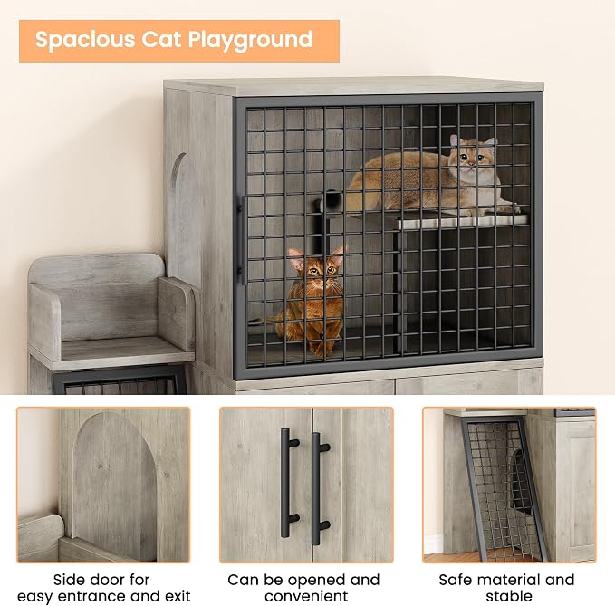 IDEALHOUSE Cat Litter Box Enclosure with Double Layer, Grey | Double Layer Cat Litter Box Furniture with Ladder, Creates a Private Cat Space While Keeping Living Rooms Clean and Organized - Image 3