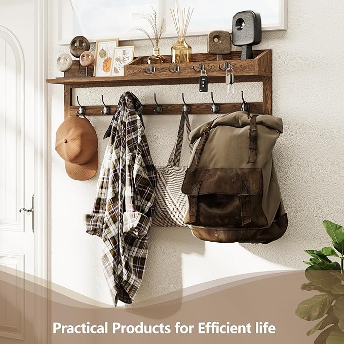 AMBIRD Coat Rack Wall Mount, 35 inch Large Wall Hooks with Shelf, Entryway Shelf with 7 Dual Coat Hooks 4 Key Hooks Mail Organizer, Wooden Coat Hanger and Key Holder Wall Mount - Image 3