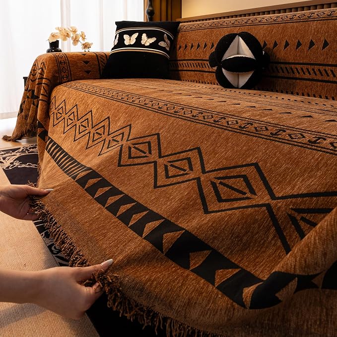 VClife Bohemian Couch Cover for Dog, Plush Thick Chenille Aztec Couch Cover for 3-4 Cushion Couch Sofa Pet Friendly Sofa Slipcover with Tassel 71"X150" - Image 7