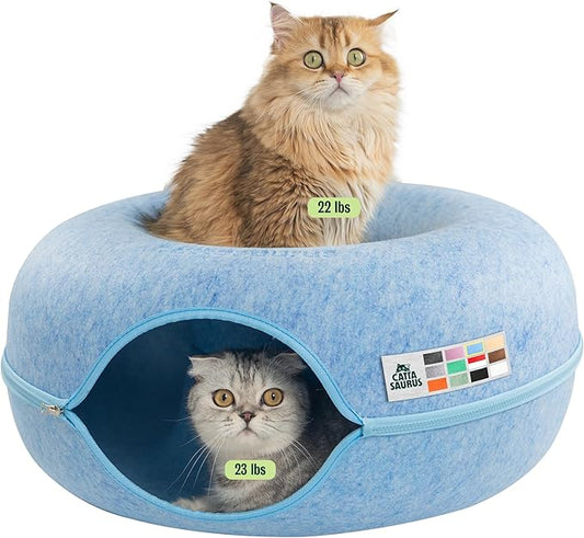 Cattasaurus Peekaboo Cat Cave Donut for Multiple & Large Cats up to 30-45 lbs, 3-in-1 Self Warming Cat Bed, Tunnel & Scratcher for Indoor Cats, Washable & Detachable Small Dog Bed (Blue, Large) by Cattasaurus