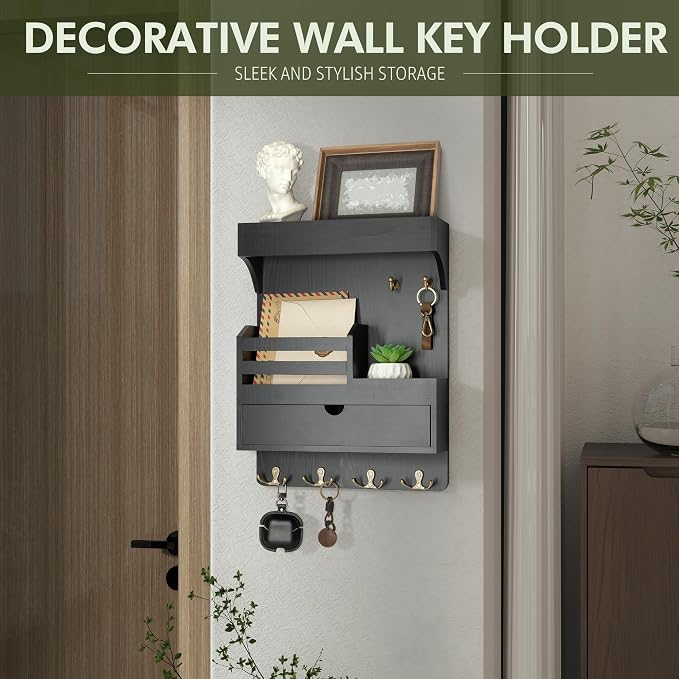 Rebee Vision Key Holder Wall Mount with 6 Key Hooks for Home Decor, Black | Pine Wood, Key and Mail Holder for Wall, Mail Slot for Letters & Bills, Spacious Drawer Organizer, Apartment Storage - Image 4