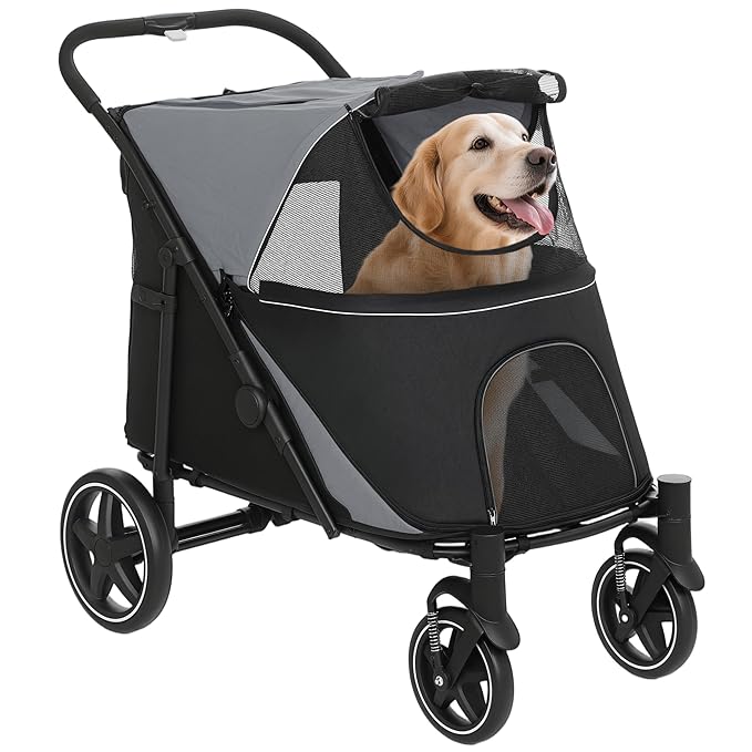 PawHut Dog Stroller for Large Medium Small Dogs up to 66 Lbs. 23.5" in Body Length, One-Click Foldable Pet Cat Stroller with Storage, Shock Absorption Wheels, Mesh Window, Safety Leash, Gray