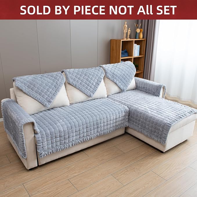 Couch Cover Sectional Couch Covers Non Slip Sofa Covers Washable for 3 Cushion Couch L Shaped Couch Protector Sofa Slipcovers for Kids Dogs Pets,Velvet,Gray,28''x70''(Only 1 Piece) - Image 2