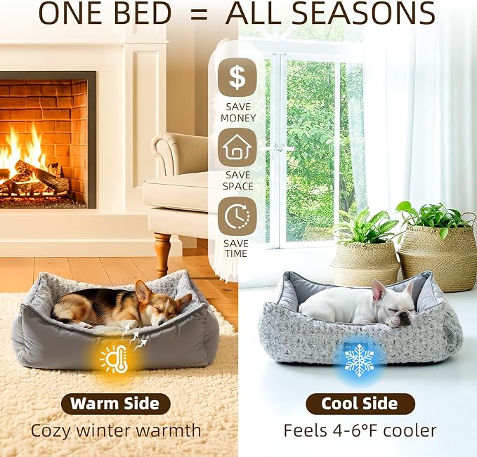 Mora Pets Reversible Cat Bed for Indoor Cats and Small Dogs Washable - Cool & Warm 2-in-1 Anti Anxiety Calming Pet Bed for Summer, Rectangle Puppy Bed with Fluffy Grey Rose (20″x19″x6″) - Image 7
