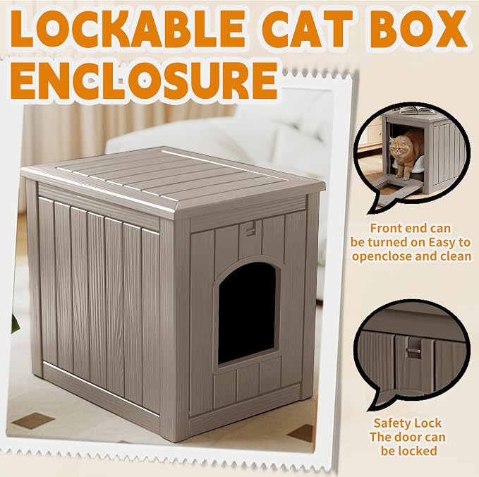 Cat Litter Box Enclosure, Multi-Functional Hidden Litter Box Furniture & Indoor Outdoor Cat House with Side Table Design, Openable Front Door & Raised Floor, Easy to Clean & Assemble, Grey - Image 4