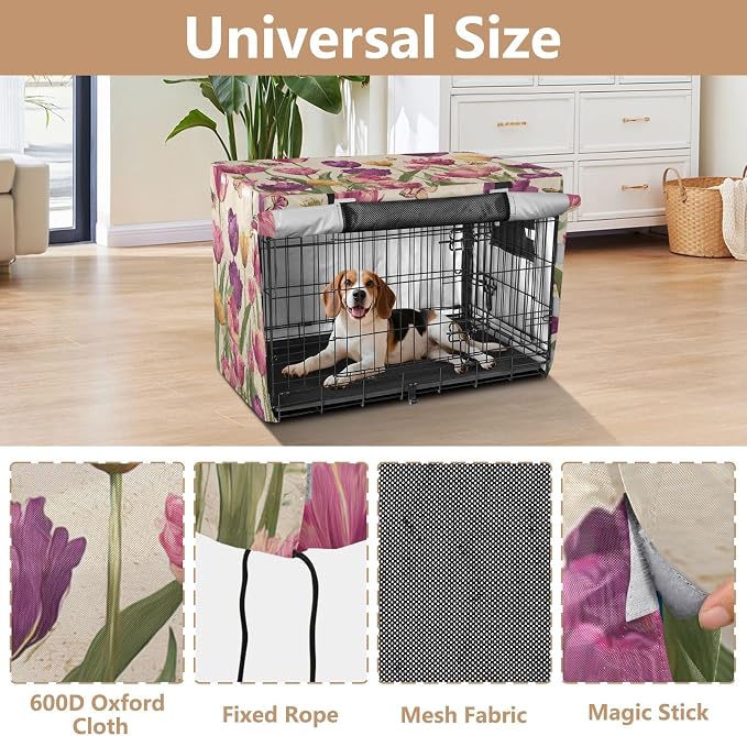 Dog Crate Cover Kennel Cover for Dog Cages Breathable for Wire Cage Indoor Outdoor Vintage Beige Spring Tulips Butterflies - Image 4