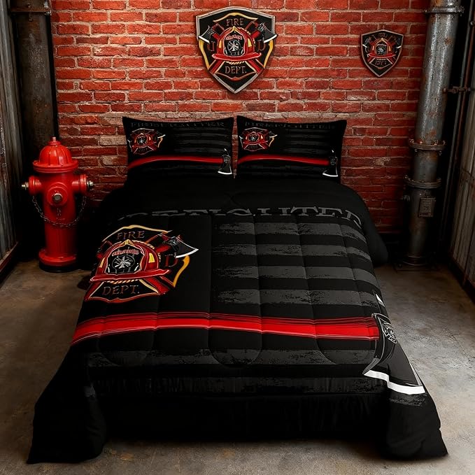 Firefighter Comforter Set Full Size,American Flag Geometric Stripes Bedding Set,Boys Girls Adults Room Decor,Fire Fighting Truck Tools Down Comforter,Red Black Fashion Duvet Insert,2 Pillowcases by Homewish