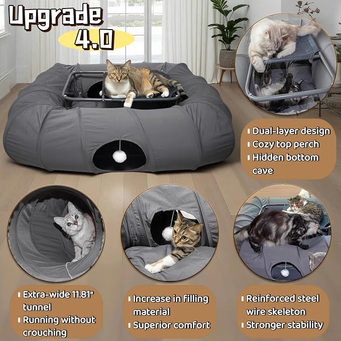 XxingSheep 2-Tier Cat Tunnel & Hammock Bed XXL, 4 Cave Shuttle with Elevated for Multiple Cats Toy Dark Grey - Image 3