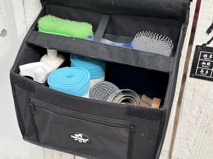 Stall Front Organizer Bag, Black, Multi-Compartment Storage, Horse Grooming Supply Holder with Top Loading Design - Image 5