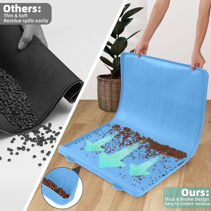 Pet Mats for Food and Water - 39.4" x 27" Thickened Large Dog Food Mat | Waterproof Pet Bowl Mat with Residue Collection Pocket and High Edges to Prevent Water and Food Spills - Blue - Image 4