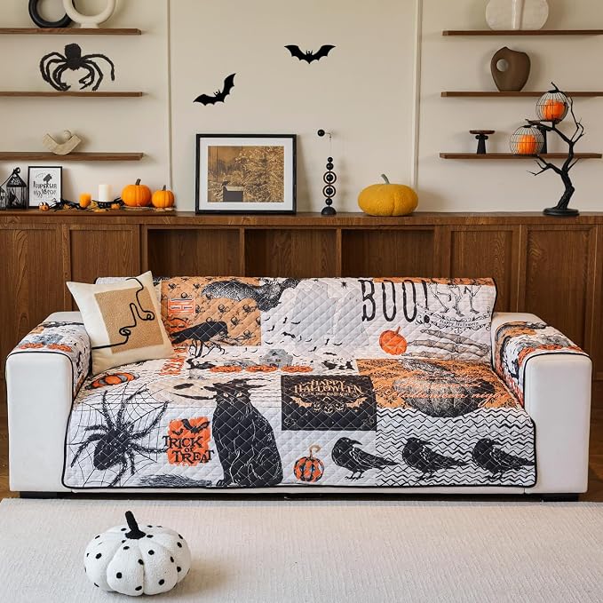 EVENHUG Halloween Sofa Cover for Festival Home Decorations Medium Slipcover Furniture Protector Washable Couch Cover with Non Slip and Elastic Straps for Kids Pets Dogs (Loveseat) by EVENHUG
