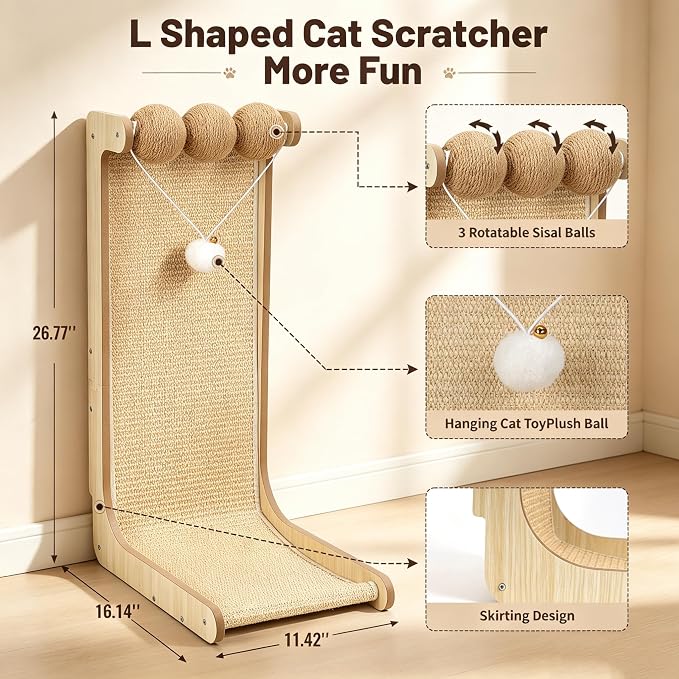 26.8 "Large Sisal Cat Scratcher with Sisal Ball and Bell Plush Toy | Wooden Cat Scratcher Pad, L-Shaped Scratching Post for Indoor Cats Adults, Vertical Cat Scratcher Board to Protect Furniture - Image 3