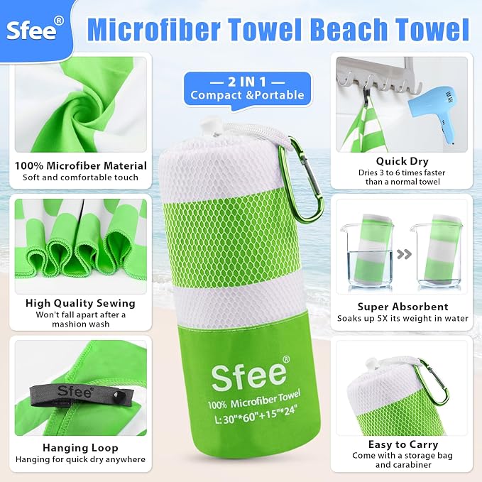 Sfee 2 in 1 Microfiber Beach Towel, Quick Dry Towel Camping Towel Travel Towel Super Absorbent Compact Lightweight Sports Gym Towels Set for Beach, Gym, Hiking, Pool, Backpacking, Bath, Yoga - Image 2