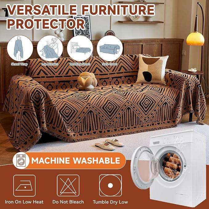 VClife Boho Couch Covers Washable Sofa Cover for Sofa, Luxury Sectional Couch Cover Chenille for 3 Cushion Couch, Anti Slip Pet Sofa Slipcover Dog Couch Cover Throw, Black Pumpkin Geometry, 71"x134" - Image 7
