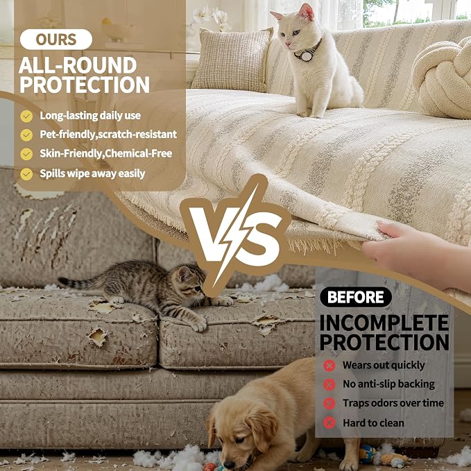 VANJOROY Couch Cover for 3 Cushion,Washable Couch Covers for Dogs Pets, Sofa Slipcovers Sectional Sofa L-Shape, Chenille Couch Cover for Sofa Cover Furniture Protector with Tassel,71"x 134" Beige - Image 5