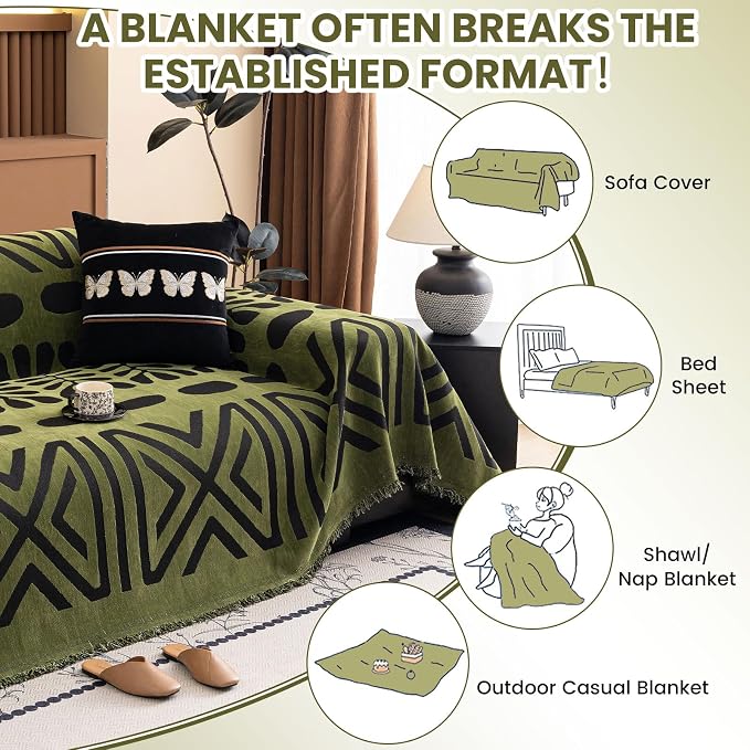 STACYPIK Black Geometric Couch Cover for Dogs Boho Dark Green Chenille Sectional Sofa Cover Non Slip Soft Tassles Couch Protector for 3 Cushion Couch Multi-Use Loveseat Throw Blanket for Pets-71X150IN - Image 5