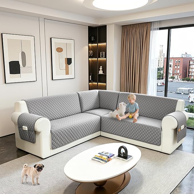 Sectional Couch Covers for Dogs 100% Waterproof Corner L Shaped Sofa Cover Pet Friendly Velvet Washable Anti Slip L Shape Modular Sofa Slipcover Protector with Pockets (Silver Gray, Large) - Image 6