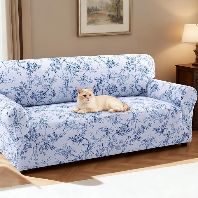 H.VERSAILTEX Stretch Sofa Covers for 3 Cushion Couch Printed Sofa Cover Super Soft Fabric Floral Pattern Couch Protector for Dogs Washable(Garden Bliss-Blue,Sofa) - Image 2