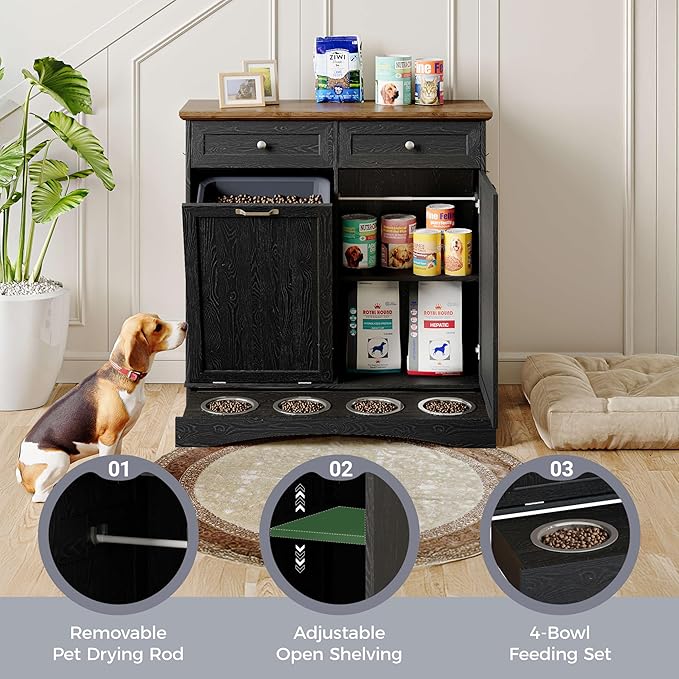 FIMELLO 39.7’’W Dual Doors Dog Food Storage Cabinet, Tilt-Out Dog Feeding Station with 4 Feeding Bowls, Pet Feeder Cabinet, Black Grain - Image 4
