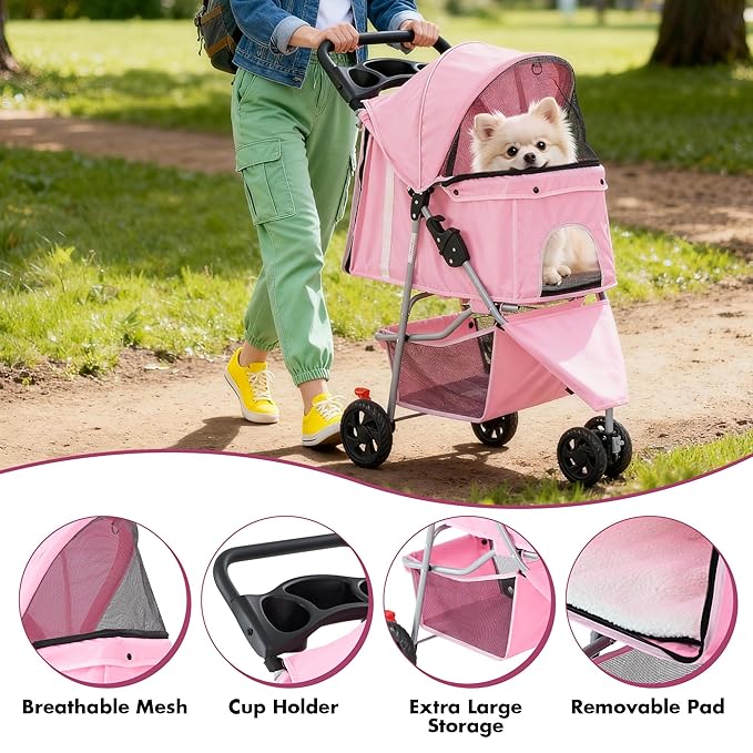 NEWBULIG 3 Wheel Pet Stroller for Dogs and Cats, Foldable, Lightweight and Durable, Ideal for Small to Medium Pets, Includes Storage Basket and Cup Holders
