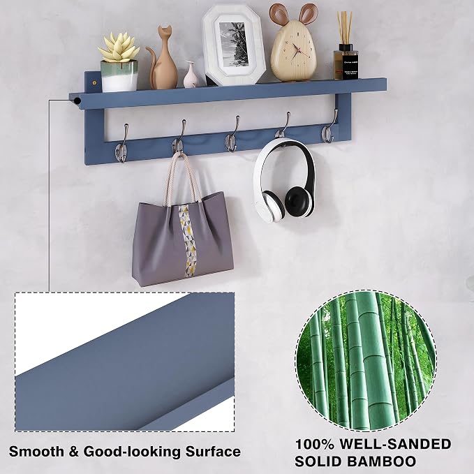SMIBUY Coat Hooks with Shelf Wall-Mounted, 29.2 Inch Entryway Coat Rack for Wall, Bamboo Hanging Shelf with 5 Double Metal Hooks for Bathroom, Bedroom, Kitchen, Living Room, Mudroom (Grey) - Image 6