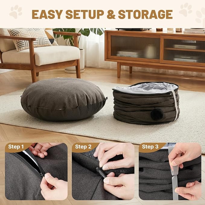 Cat Tunnel Bed for Indoor Cats, Cooling Natural Linen Cat Tunnel, Breathable 29.5in Kitten Toys Cat Tunnel with Washable Mat, Round Pet Tunnel for Kittens, Squirrels Dark Grey - Image 8
