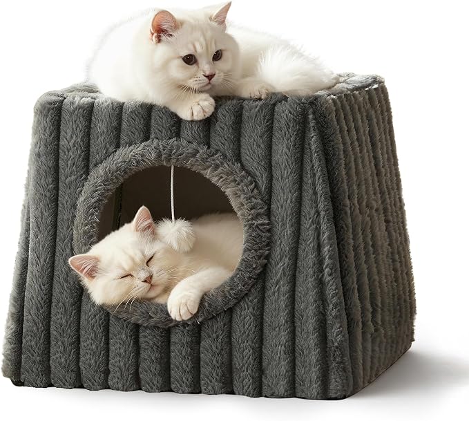 Dogpals Indoor Cat House - Large Cat Cave Bed with Fluffy Balls, Foldable Cat Bed Cave and Apartment with Pads, Suitable for Multiple Small and Large Cats, 18.5x15.4x15.4inches (Deep Grey, XL) by Unknown