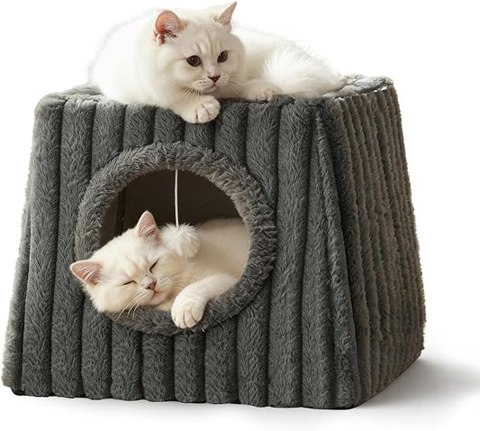 Dogpals Indoor Cat House - Large Cat Cave Bed with Fluffy Balls, Foldable Cat Bed Cave and Apartment with Pads, Suitable for Multiple Small and Large Cats, 18.5x15.4x15.4inches (Deep Grey, XL) by Unknown