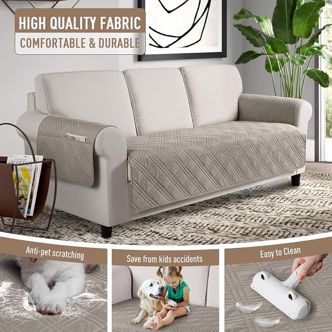 TAOCOCO Waterproof Couch Covers for Pets Dogs with Non Slip Backing, Sofa Seat Covers with Side Pocket for 3 Cushion Couch Washable Dog Couch Cover Protector Sofa Slipcovers(Sofa, Light Brown) - Image 5