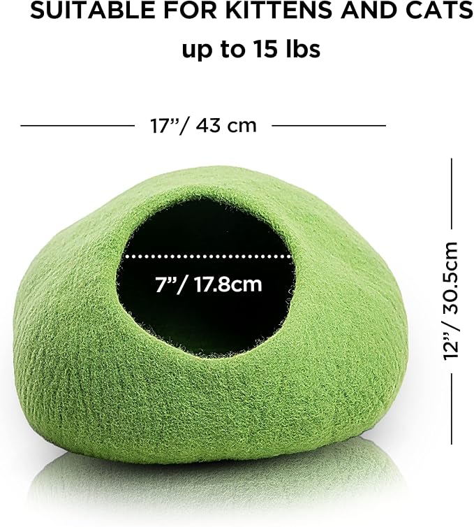 Woolygon Premium Felt Cat Cave Bed – Wool Kitty Beds Handcrafted Kitten Caves Bed for Indoor Cats - Made from Merino Wool, Foldable Cat Hideaway Covered Cat House Pod (Green Plain) - Image 2