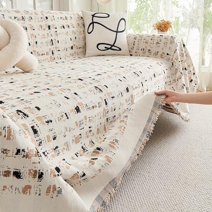DREAMINGO Abstract Chenille Couch Cover Blanket Beige Khaki Black Boho Sofa Cover, Washable Furniture Protector, Universal Slipcover for Couch, Geometric Brushstroke Jacquard, Large 71"x118" - Image 4