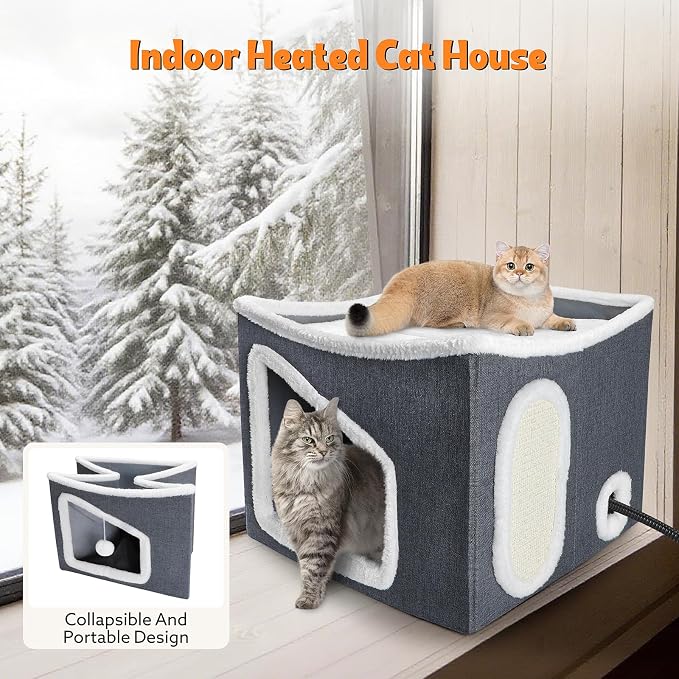 Tovve Heated Cat House for Indoor, Large Cat Bed with Heating Pad, Adjustable Temperature & Timing, with Fluffy Ball Hanging and Scratch Pad, Foldable Pet Hideaway for Small Medium and Large Cats（XL） - Image 7