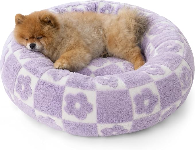 LE SURE Shown on TV Donut Dog Beds for Small Dogs - Calming Cat Sofa as Bed Gift for Indoor Cats with Washable Cover, Round Home Decor Cute Pet Beds with Jacquard Shaggy Plush, 23 Inch, Flower Checks by Lesure
