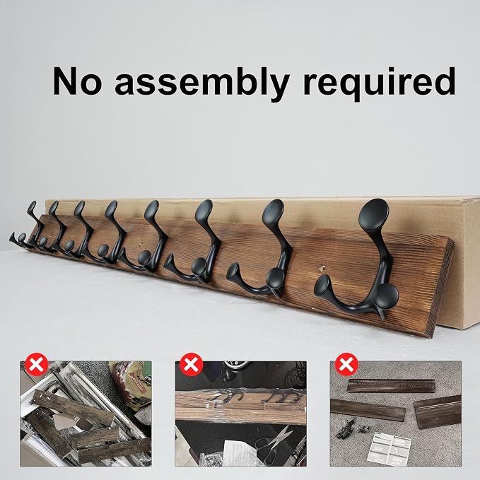 SKOLOO 43-Inch Wood Coat Rack Wall Mount with 8 Triple Hooks - Ideal for Family Entrances, Classrooms, and Pet Supplies Storage - Perfect Coat Hooks for Wall,Charred Golden Brown, Pack of 2 - Image 6