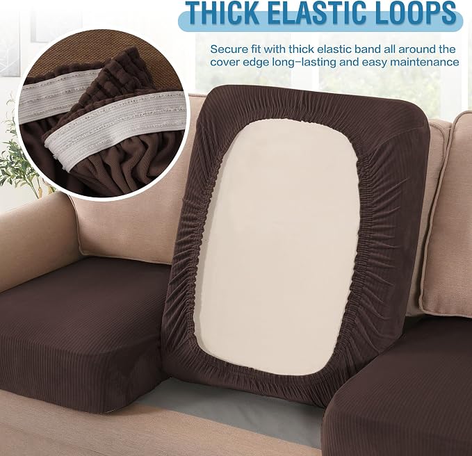 H.VERSAILTEX Velvet Stretch Couch Cushion Cover Plush Cushion Slipcover for Chair Loveseat Sofa Cushion Furniture Protector Seat Cushion Sofa Cover (2 Piece Large Sofa Cushion Covers, Brown Striped) - Image 6