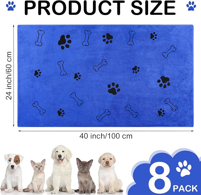 Chumia 8 Pcs Microfiber Dog Towels for Drying Dogs Cats 40 x 24 Inch Pet Towels Bulk for Large Puppy Absorbent Fast Drying Paw Bath Bathing Supplies for Pets(Dog Paw and Bone,Dark Blue) - Image 2