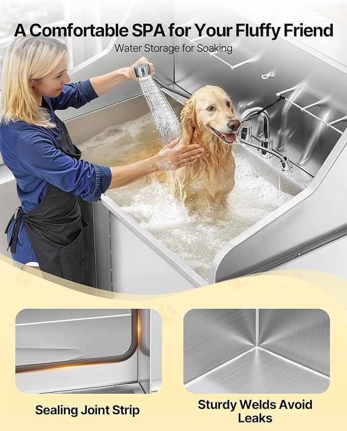 VEVOR Professional 304 Stainless Steel Dog Bathing Station, 50 inch Pet Grooming Tub w/Anti-Slip ramp, Storage Drawer, Cold Hot Faucet Showerhead, for Large & Medium & Small (Right Door, with Drawer) - Image 9