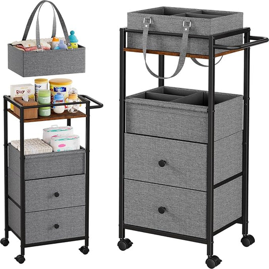 3In1 Modanais Baby Diaper Caddy Organizer Cart with Drawers, Black | Rolling Storage Cart, Removable Diaper Caddy, Detachable Dividers - for Crib, Bedroom, Art & Craft Organizer by HomeOrganizersandStorage