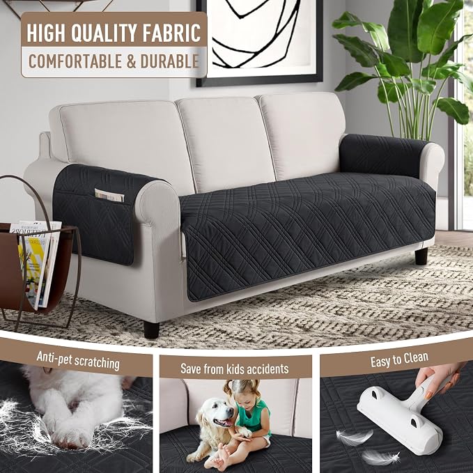 TAOCOCO Waterproof Couch Covers for Pets Dogs with Non Slip Backing, Sofa Seat Covers with Side Pocket for 3 Cushion Couch Washable Dog Couch Cover Protector Sofa Slipcovers(Sofa Plus, Black) - Image 4