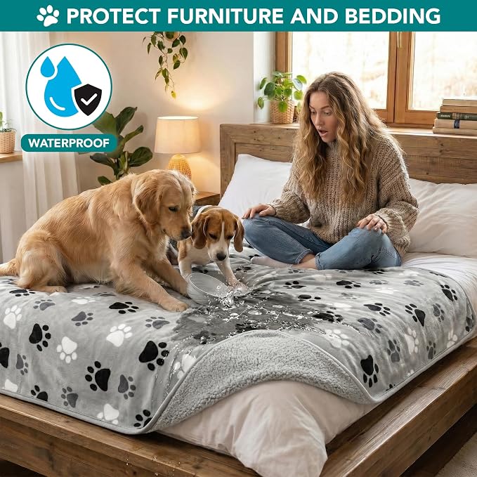 PetAmi Premium Waterproof Dog Blanket for Large Dogs, Reversible Sherpa & Flannel Fleece, Leakproof Pet Throw for Couch Protection, Soft Plush Furniture Protector for Cats, Washable, 60x80 Paw Grey - Image 2