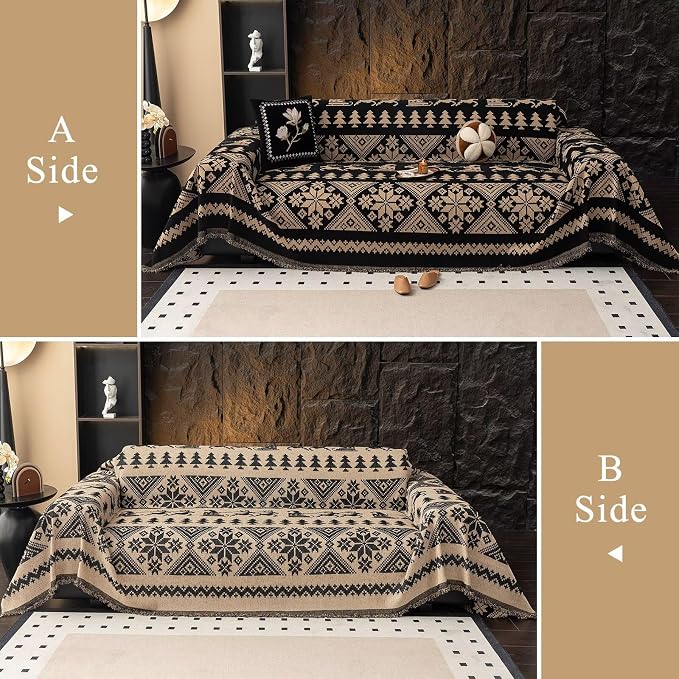 VClife Boho Couch Cover for Sofa, Anti Slip Chenille Sofa Cover for Sectional Sofa - 1 Piece Black Khaki Geometry Jacquard Sofa Slipcover, Pet-Friendly Couch Cushion Cover with Tassel 71"x 134" - Image 2