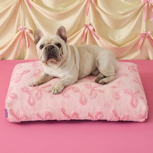 LE SURE Cute Aesthetic Bed Medium Size Dog,Jacquard Thick Pet Pillow 30x20 | Shredded Chopped Foam, Jacquard Modern Plush Crate Cushion Gift Idea, Waterproof Washable Cover, Nonslip Bottom, Bow Pink by Lesure