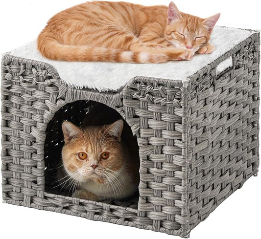 SETVSON Cat Beds Indoor Kitten House, Handwoven Rattan PE Cat Cave, Gray | 2-in-1 Kitty Condo with Top Perch & Bottom Cave, Furry Canvas Dual Cushion, 2 S-Hooks, Steel Frame, 16.5x16.5x13.2 In by SETVSON