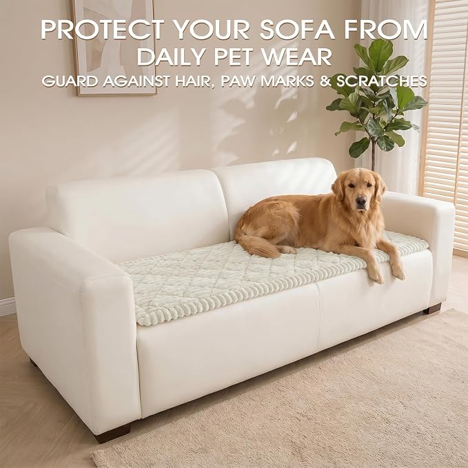 Non-Slip Washable Couch Cover for Dogs, Thick Plush Grid Flannel | 27.6"x82.7", Cream, 0.8" Thick, Rubber Dot Backing, Pet-Friendly Protector for Sofa, Floor, Window Bench, Car Seat or Camping - Image 3
