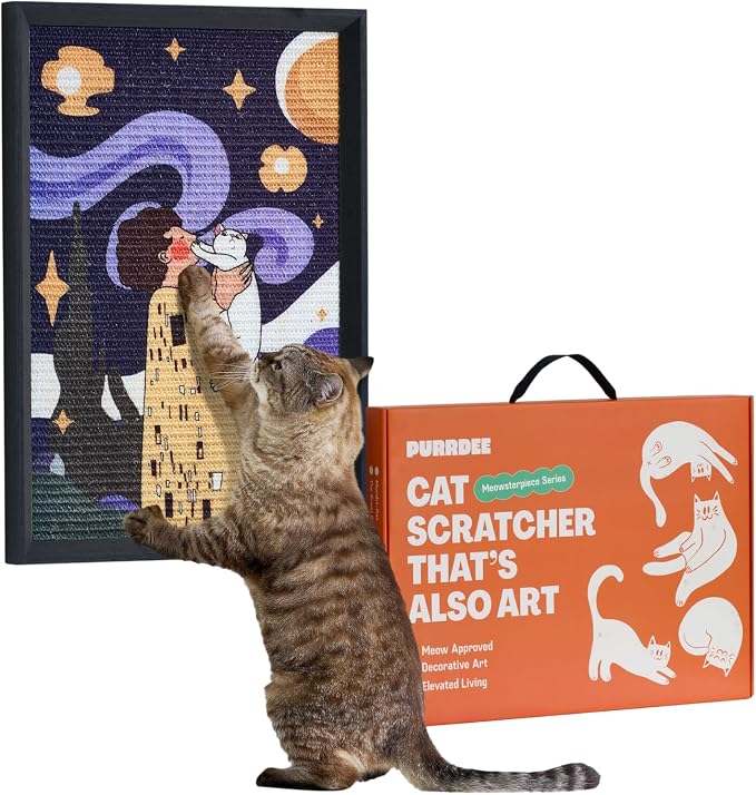 Decorative Wall Art Cat Scratcher for Vertical Scratching, 14"x20" Framed Sisal Scratch Pad Mat with Renter-Friendly No-Drill Wall Mounted Setup, Durable Alternative to Cardboard (Not the Kiss) by PURRDEE