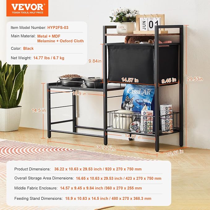 VEVOR Pet Feeding Station with Storage, 4 Height Adjustable Elevated Dog Bowl, Dog Bowls Stand with Toy Bin Basket, Raised Feeding Station Cabinet, Pet Storage Organizer for Large Medium Small Dogs - Image 7