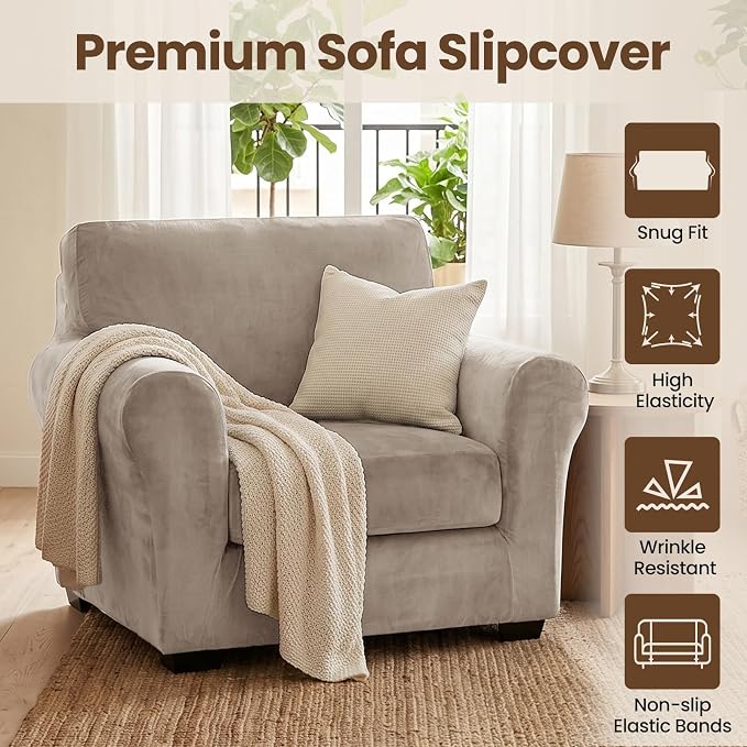 XINEAGE 2-Piece Velvet Armchair Sofa Cover, Couch Covers for Dog,Khaki | 1 Cushion Chair,Stretch Non-slip Elastic, Pet-friendly, Washable, Fast Setup, Soft Plush Fabric, Furniture Protector. - Image 2