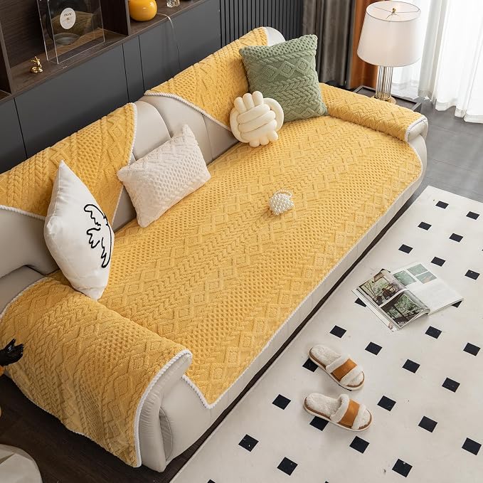 vctops Cable Jacquard Plush Sofa Couch Covers Boho Fuzzy Couch Cover for Dogs Soft Non Slip Sectional Sofa Slipcover Thick Warm Washable Furniture Protector for Kids, Pets (Yellow,28"x59") - Image 6